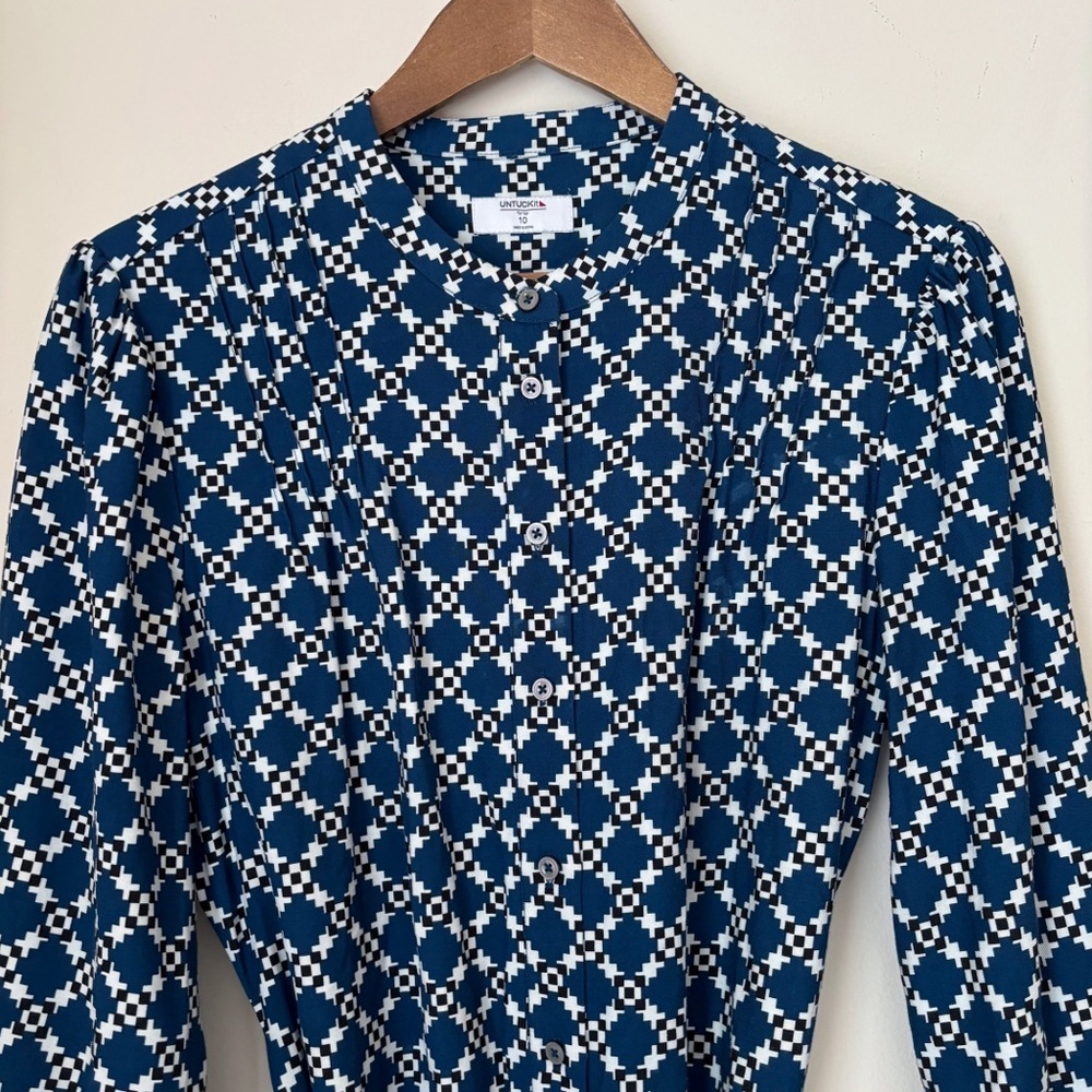 UNTUCKit Blue Belted Geometric Print Shirt Dress Sz 10 - Picture 3 of 11